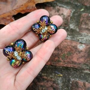 STUnNInG, vintage, artisan crafted, gold metal, crystal Ab Bead Clip On Earrings